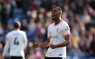 Ryan Gravenberch of Liverpool celebrates at full time following the team's victory during the Premier League match between Crystal Palace FC and Liverpool FC at Selhurst Park on October 05, 2024 in London, England.