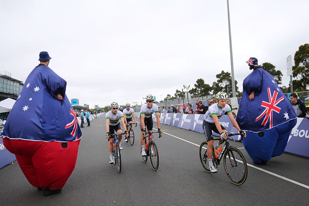 Riders head to the start line for the Cadel Evans Great Ocean Road Race - Towards Zero Race Melbourne 2017