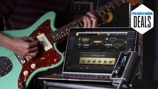 Image of guitarist playing Jazzmaster guitar with Positive Grid Riff audio interface and Positive Grid BIAS FX 2 software