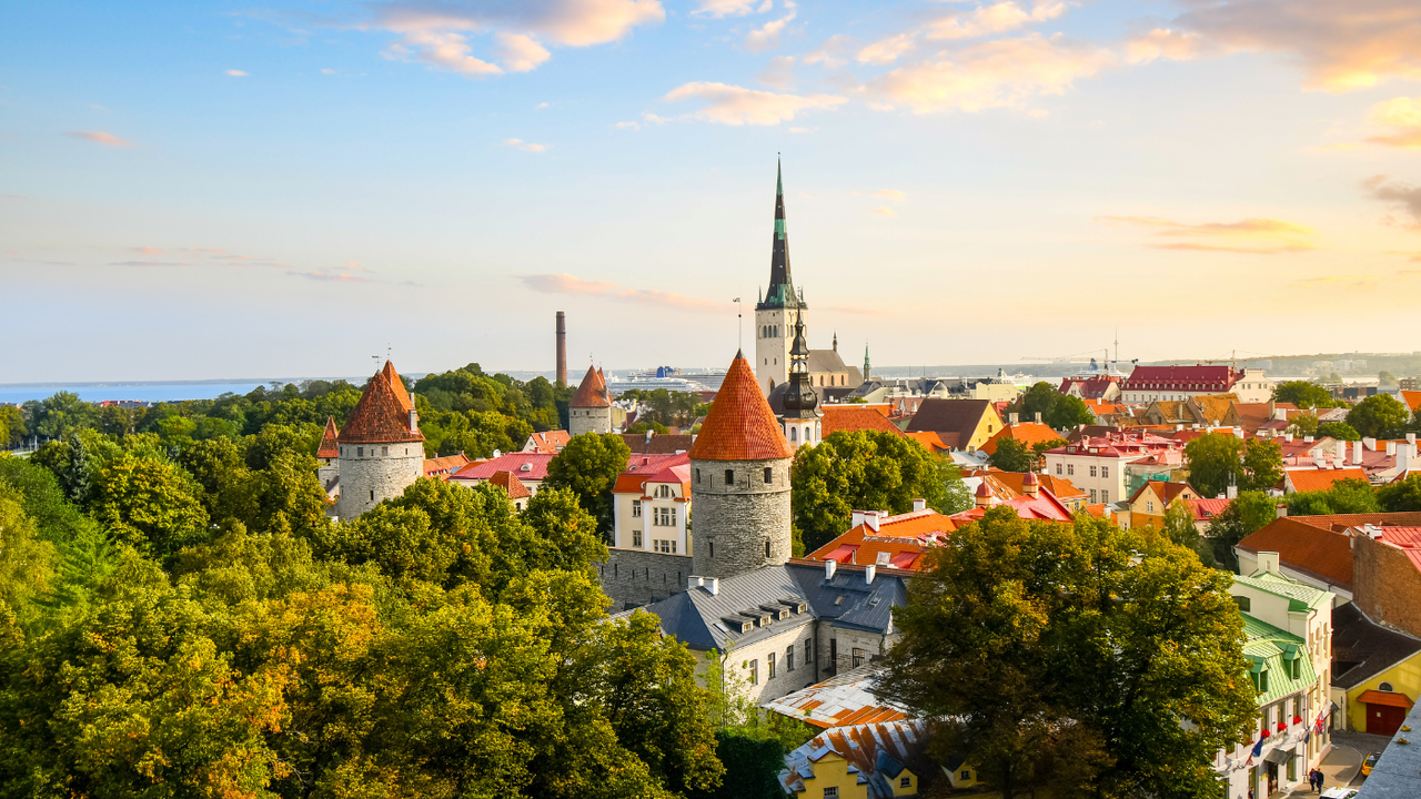 A view across Tallinn&amp;#039;s old town at sunset