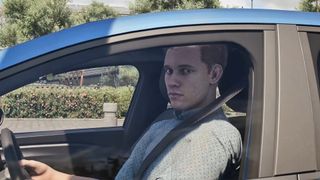 Rideshare Stimulator trailer still - creepy looking dude side-eyeing out the window of his car