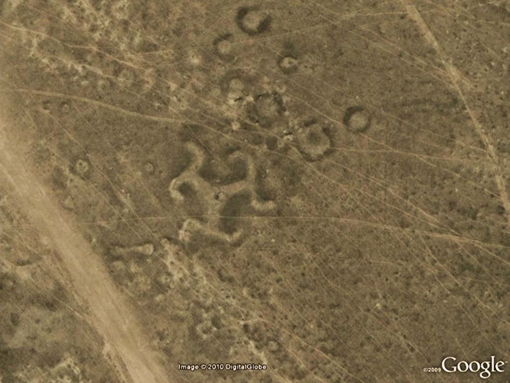 A swastika-shaped geoglyph can be seen from above Kazakhstan.