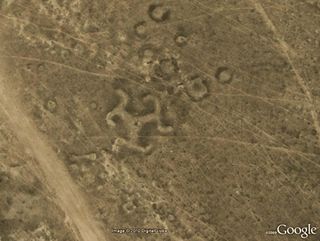 A swastika-shaped geoglyph can be seen from above Kazakhstan.