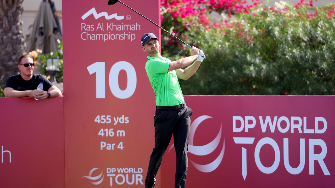 Daniel Gavins takes a tee shot at the 2023 Ras Al Khaimah Championship 