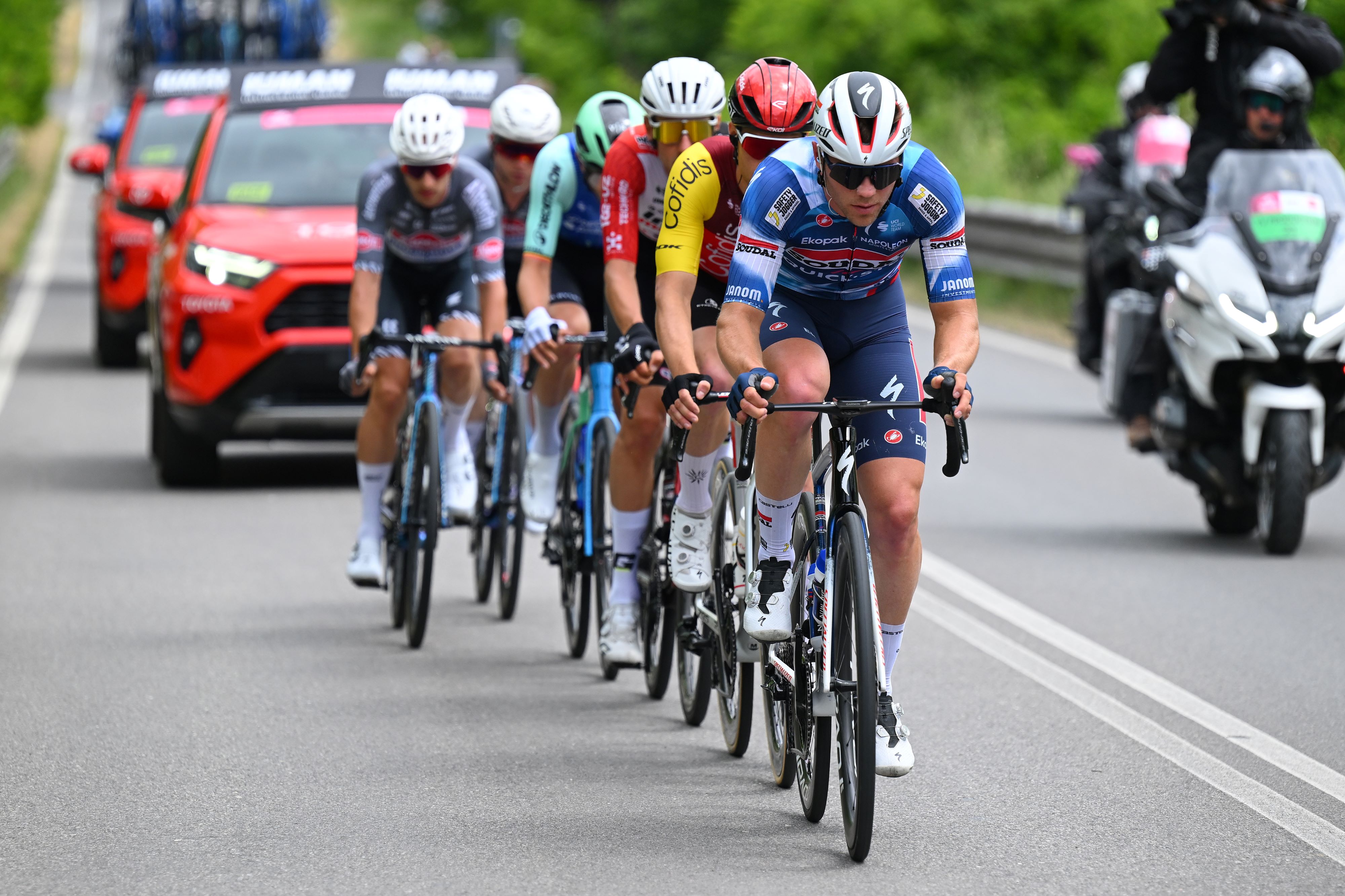 Luke Lamperti of The United States and Team Soudal Quick-Step leads the breakaway during the 108th Giro d'Italia 2025, Stage 9 a 181km stage from Gubbio to Siena / #UCIWT / on May 18, 2025 in Siena, Italy. (Photo by Tim de Waele/Getty Images)