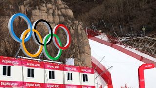 The Olympic rings are seen at the Downhill finish line ahead of the Beijing 2022 Winter Olympic Games at National Alpine Ski Centre