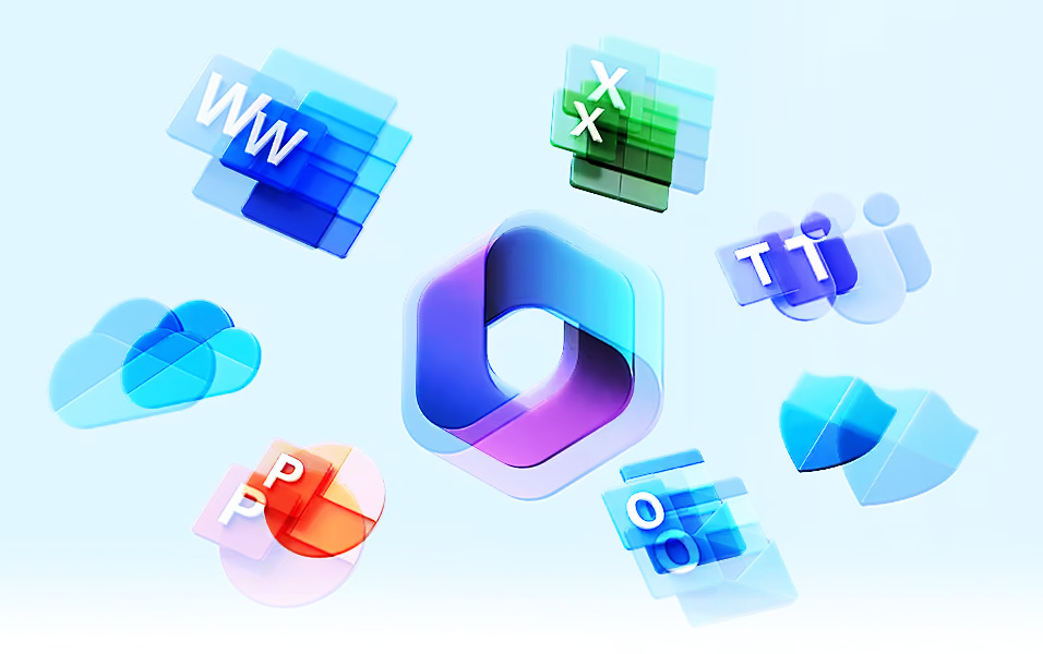 Microsoft 365 app logos including Teams, Word and Outlook surrounding the CoPilot hexagon