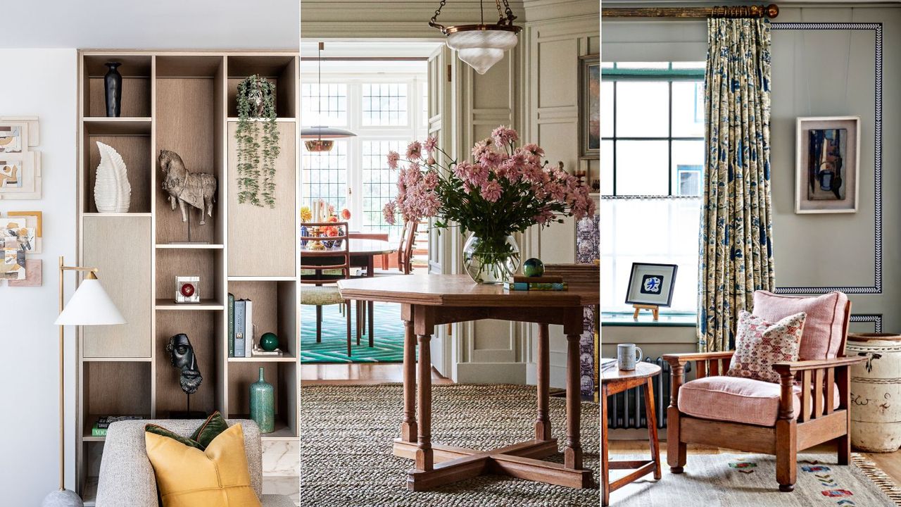 A decluttered shelf transcends functionality to become a stylish spot for your books, artwork and other treasured possessions / Entryway table with a vase of large pink flowers looking into a dining room / Wallpaper border forming a panel effect on a beige wall