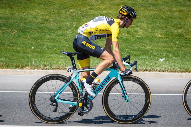 Sepp Kuss (LottoNL-Jumbo) rides in the leader's jersey on stage 3 of the 2018 Tour of Utah