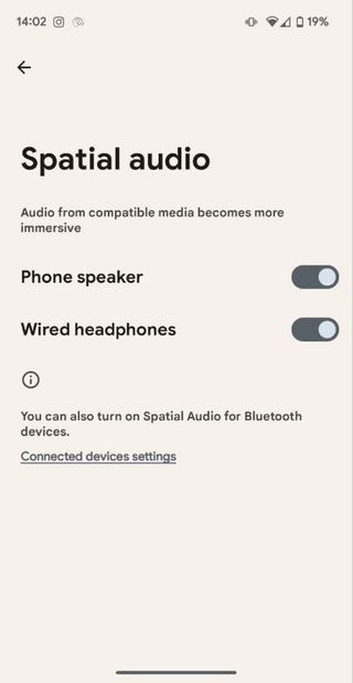 Spatial audio toggle in the settings menu of the Pixel Fold