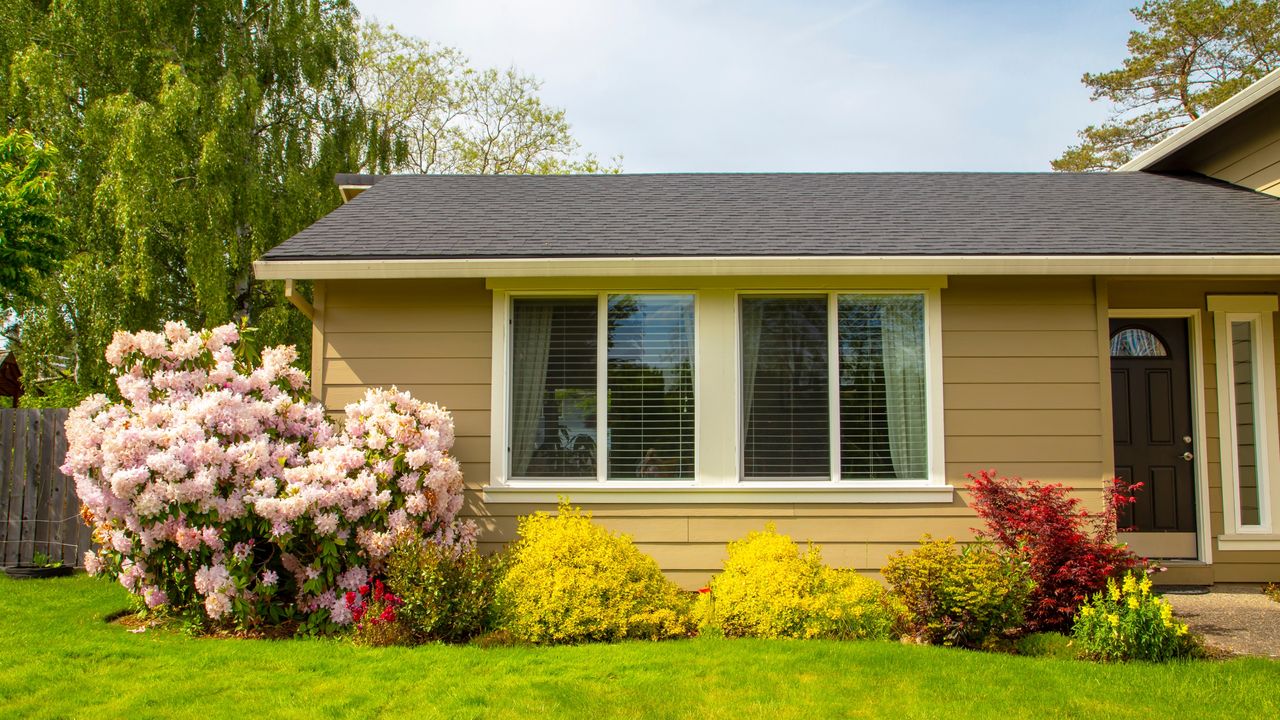 Summer in the backyard of a small one floor home with blooming pink shrubs at border of healthy green lawn