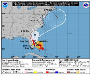 hurricane dorian predicted path as of 8 a.m. edt on sept. 2