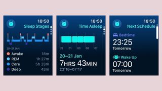 Screenshots of three screens in the Sleep app on the Apple Watch, including a breakdown of sleep stages and bedtime routine