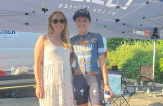 Skylar Schneider (L39ION of Los Angeles) before the Lake Bluff Criterium at Intelligentsia Cup with sister Samantha, who gave birth to son Henry three days later