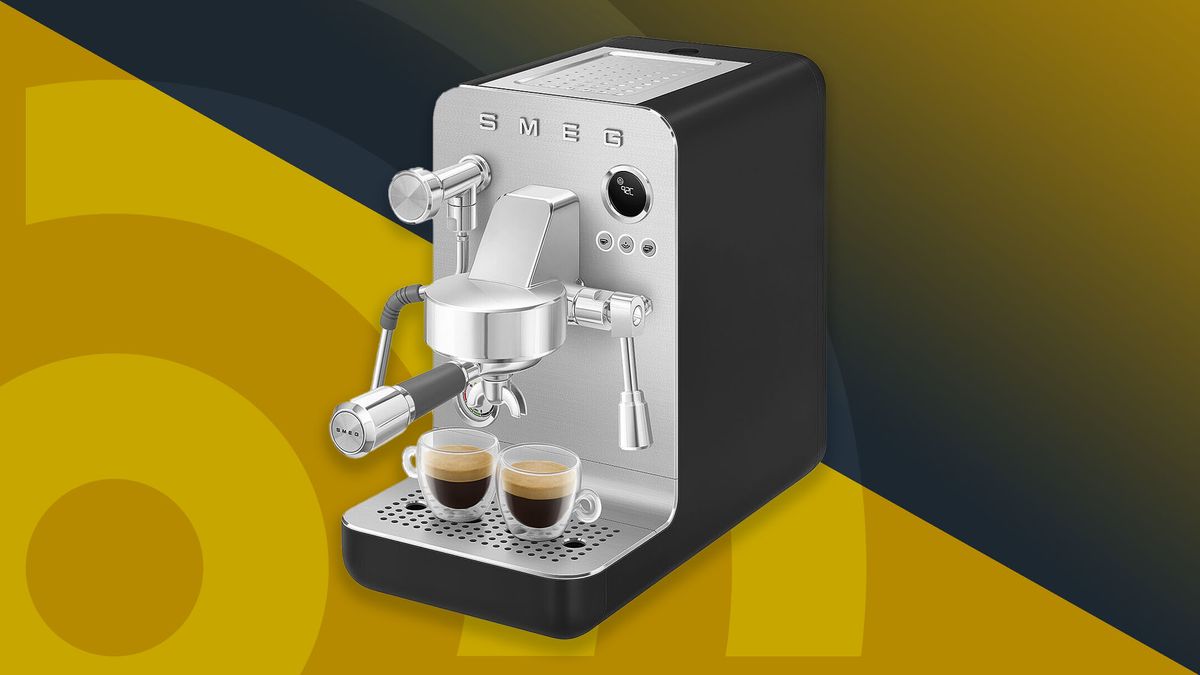 Smeg Mini Pro Espresso Coffee Machine on gold background