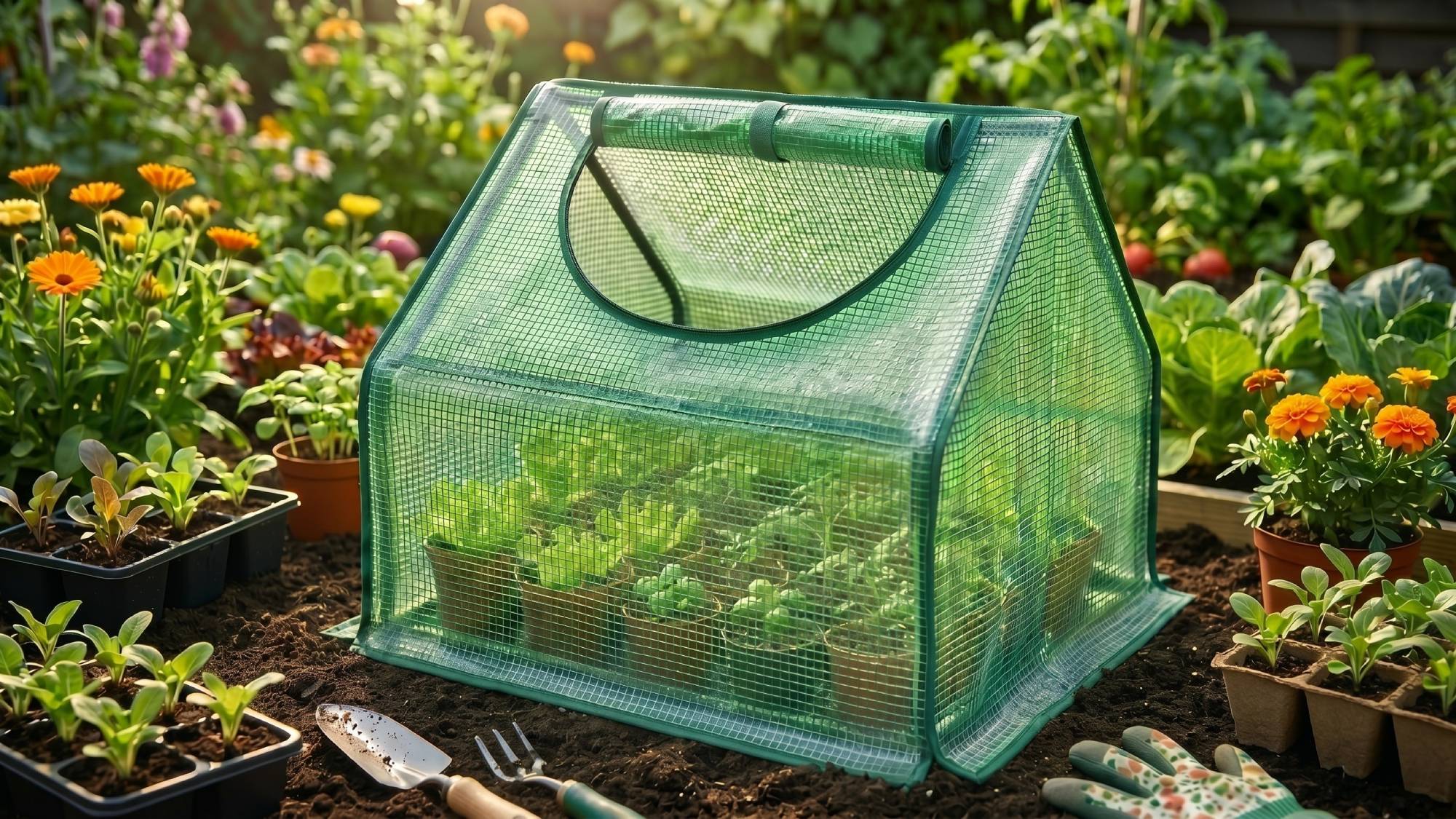 AI-generated image of ALDI mini greenhouse product in a garden context
