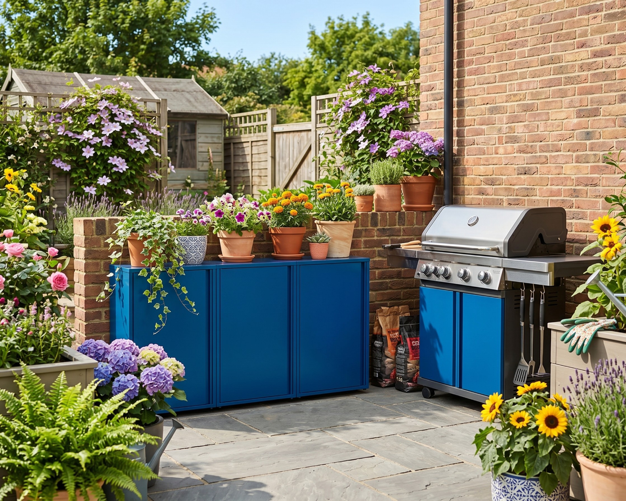 blue storage cabinets and a barbecue in a small garden
