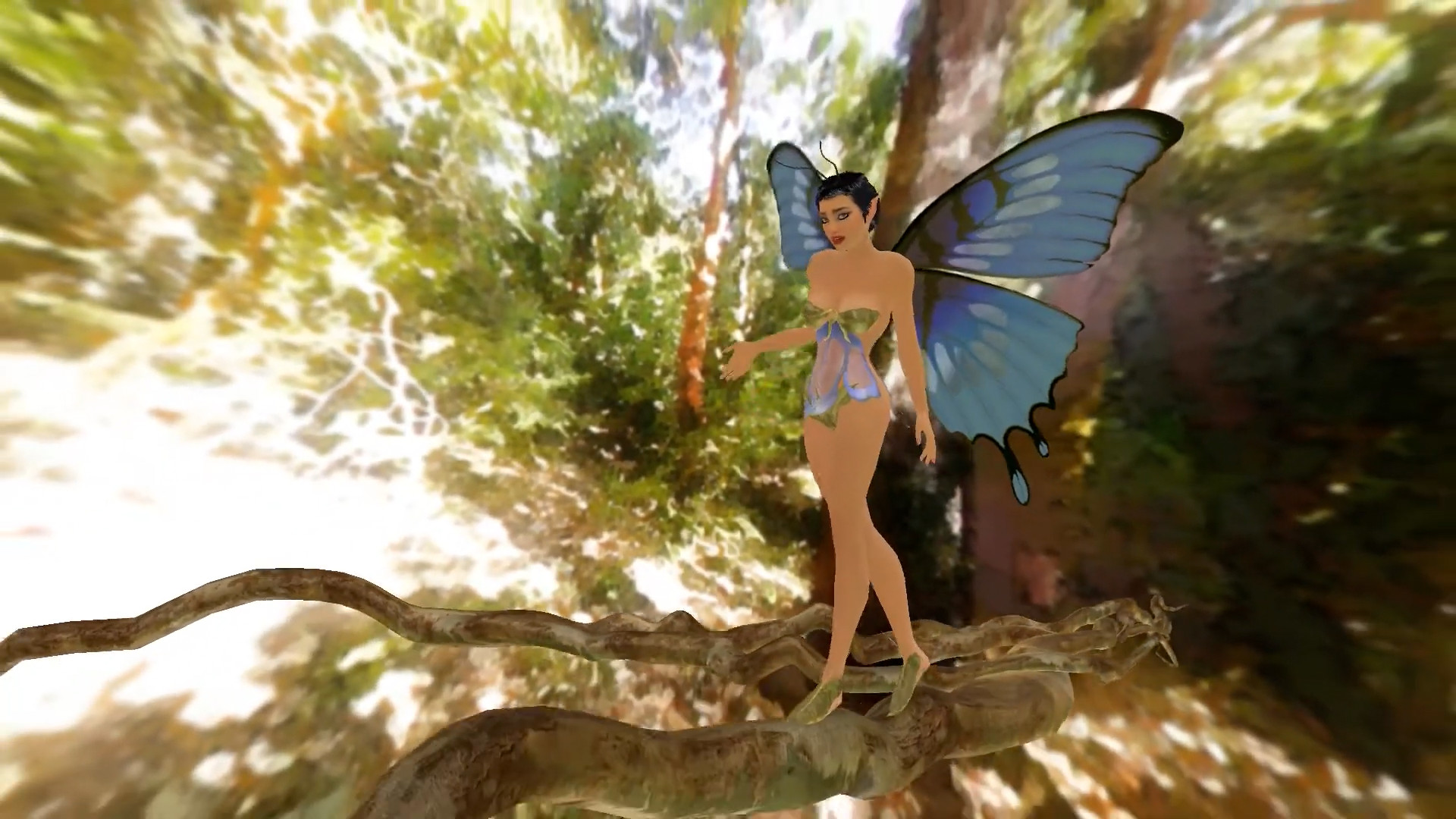 لقطة شاشة من العرض التوضيحي الأصلي لـ NVIDIA Dawn، والتي تصور الجني وهو يمشي على طول فرع خشبي.