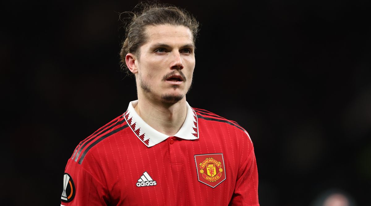 Marcel Sabitzer of Manchester United looks on during the UEFA Europa League quarter-final first leg match between Manchester United and Sevilla at Old Trafford on April 13, 2023 in Manchester, United Kingdom.