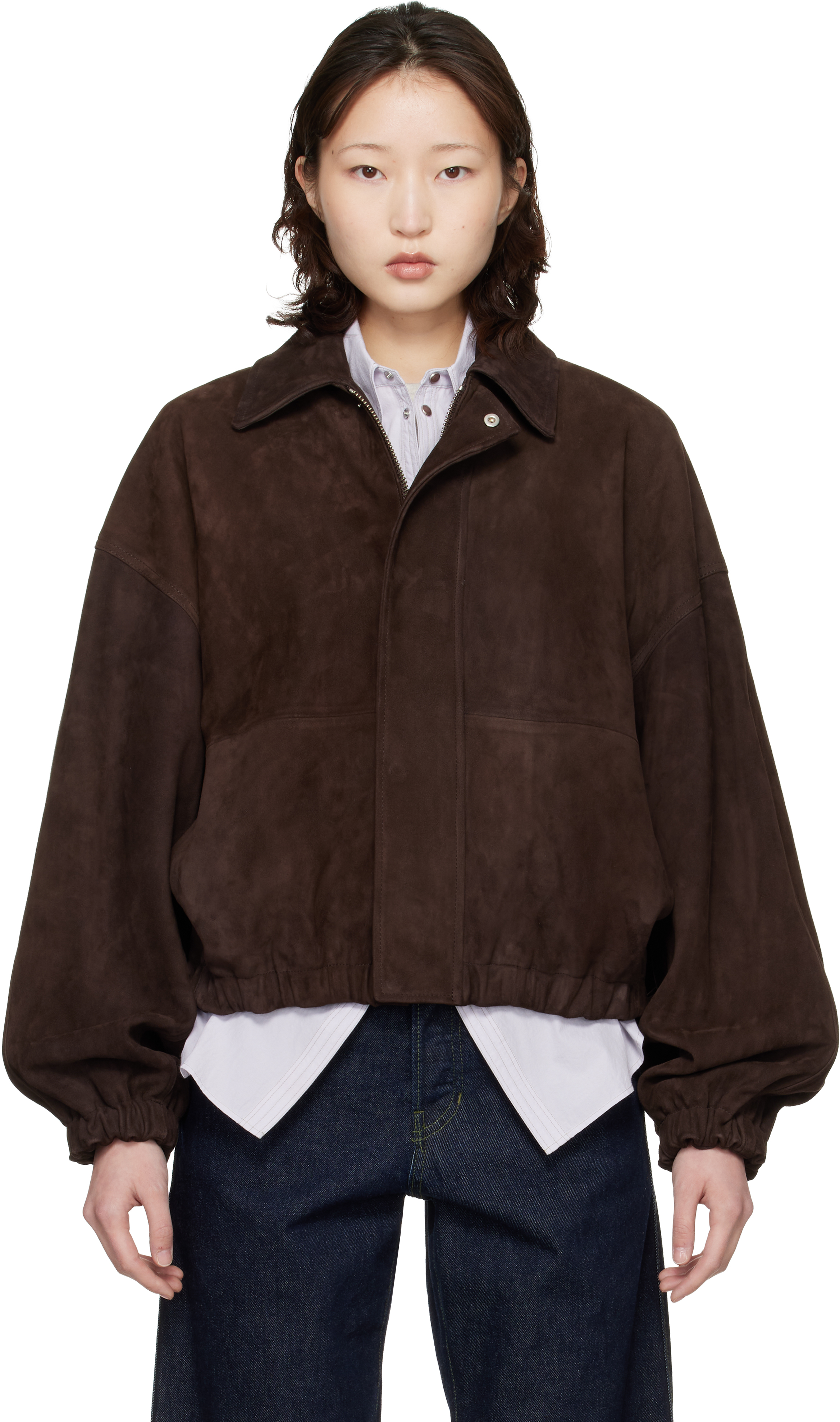 Brown Paneled Suede Bomber Jacket