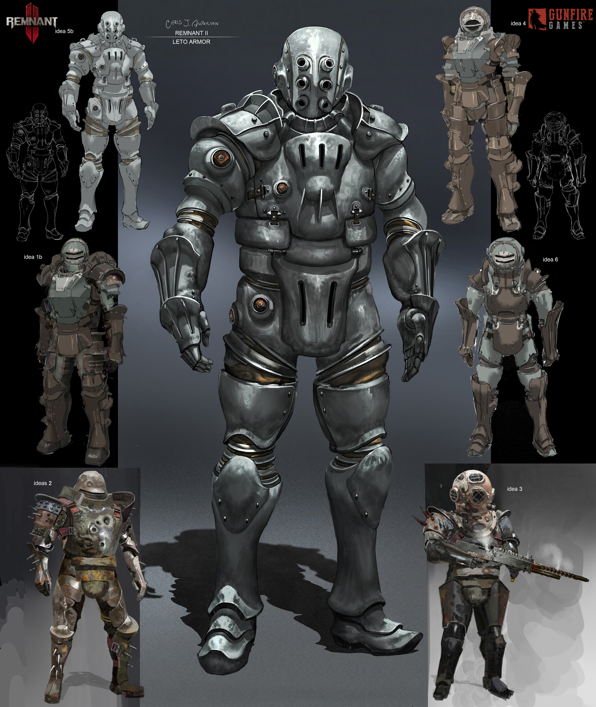 Various concept art of different class models in Remnant 2, showcasing wanderers garbed in various pieces of ramshackle, technological armour.