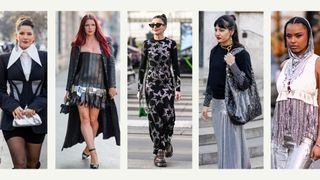 composite of five paris fashion week 2023 street style images of people wearing the metallic accents trend