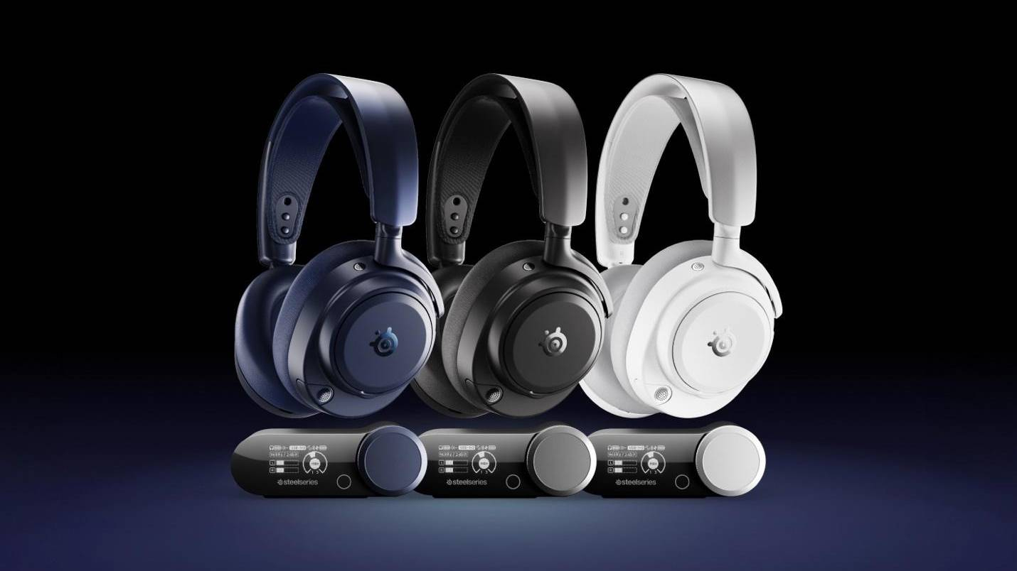 Three SteelSeries Arctis Nova Pro Omni headsets on a black background