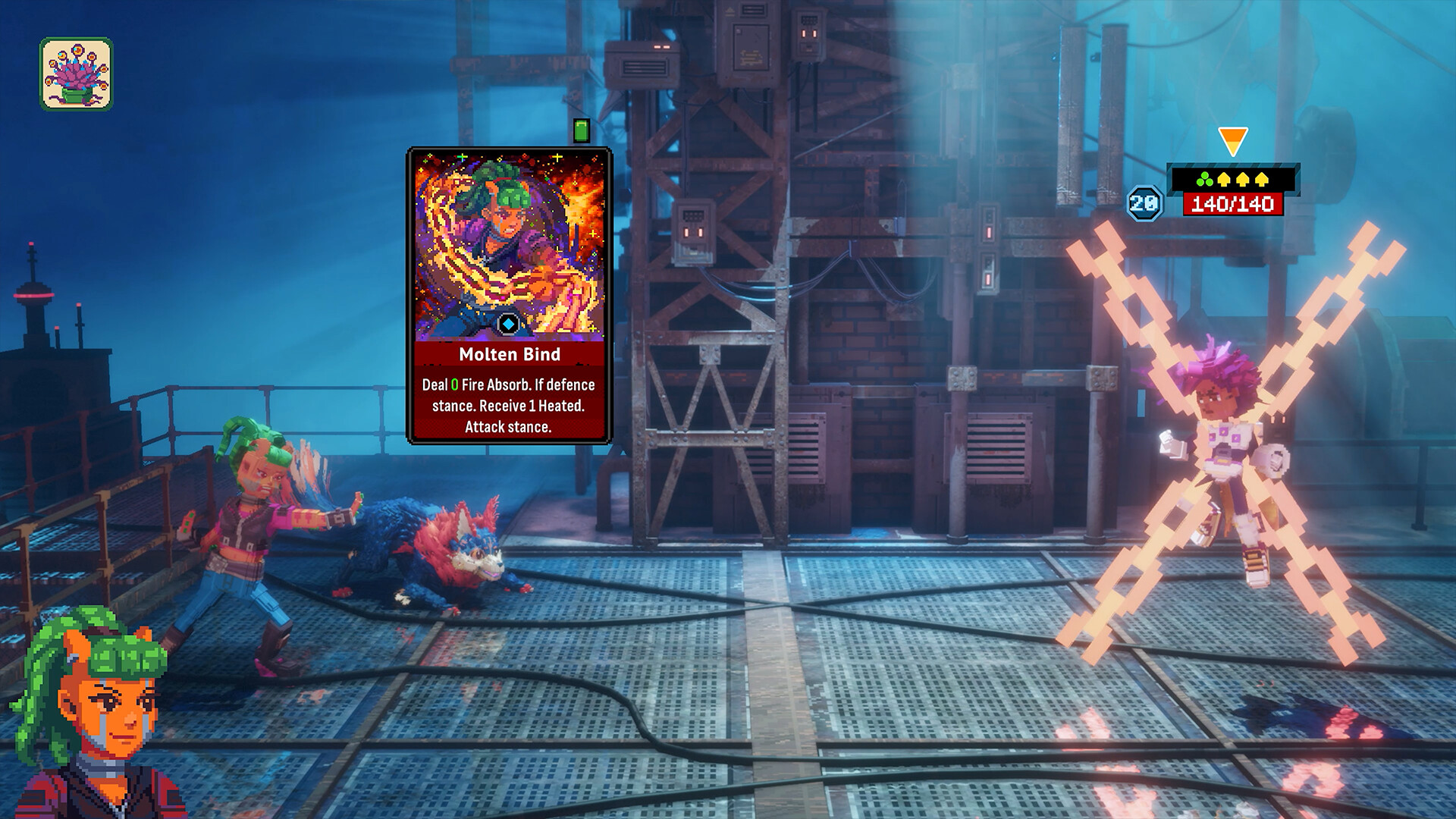 Video game battle scene with a character using a "Molten Bind" card against a chained opponent. Bright, colorful graphics with a futuristic, intense atmosphere.