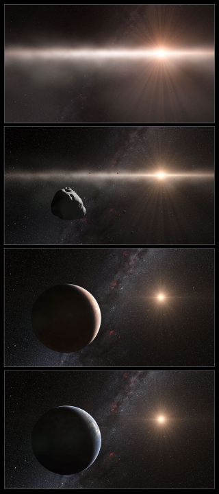 This artist’s impression shows the development of the inner solar system over nearly five billion years. Top: the earliest stage, where the debris disc around the sun was composed of gas and tiny particles. Second panel: the particles have formed large clumps, similar to the asteroid Lutetia. Third panel: These bodies in turn formed the rocky planets, including Earth. Fourth panel: Earth's surface evolved into what we recognize today, after four billion years of meteor bombardment.