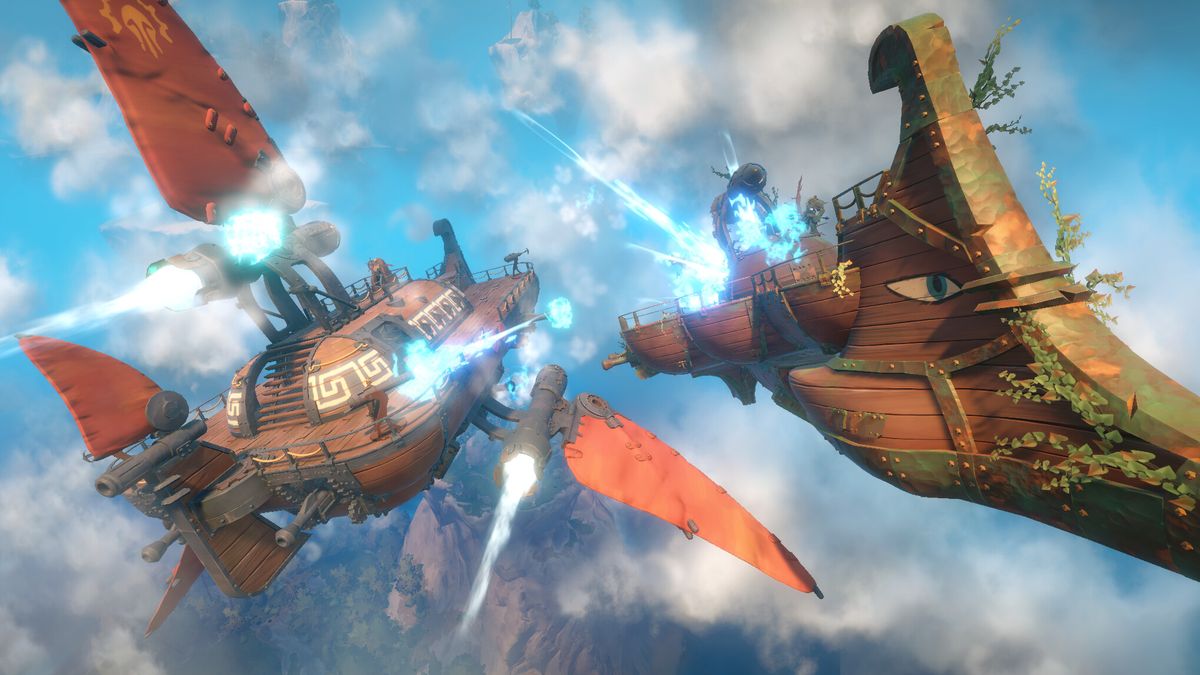 Two airships fire broadsides into each other&#039;s hull in Echoes of Elysium.