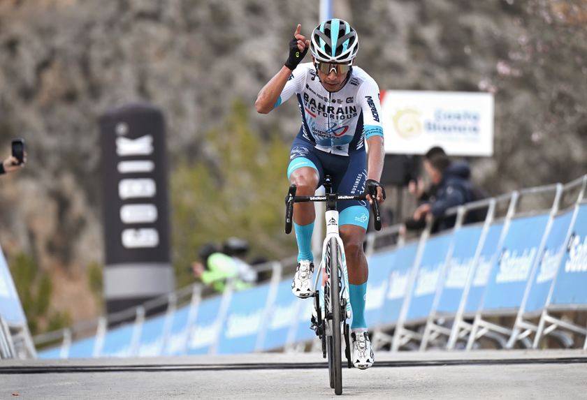 BENIFATO, SPAIN - FEBRUARY 06: Santiago Buitrago of Colombia and Team Bahrain - Victorious celebrates at finish line as stage winner during the 76th Volta a la Comunitat Valenciana 2025, Stage 2 a 166km stage from La Nucia to Benifato 1033m on February 06, 2025 in Benifato, Spain. (Photo by Szymon Gruchalski/Getty Images)