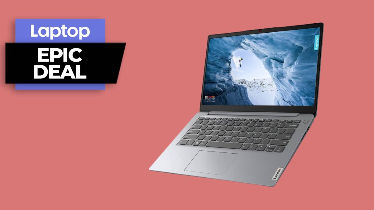 Lenovo IdeaPad 1i laptop against red background with epic deal badge