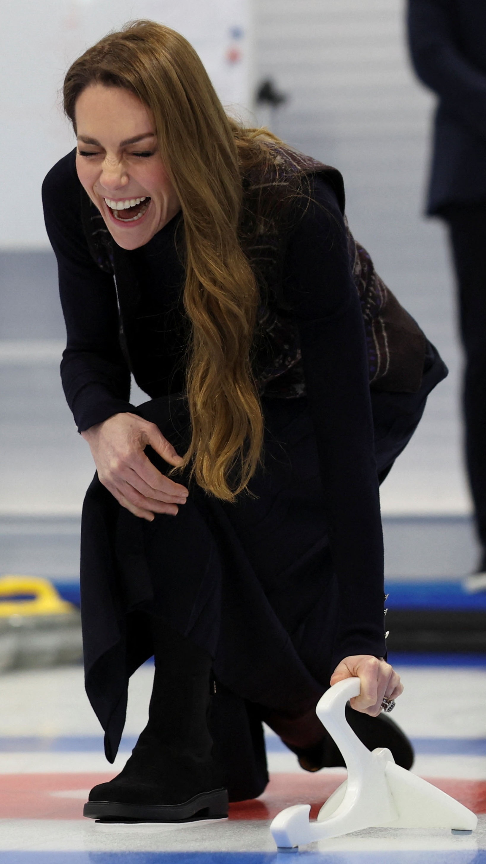Catherine, Princess of Wales reacts while participating in curling at the National Curling Academy on January 20, 2026