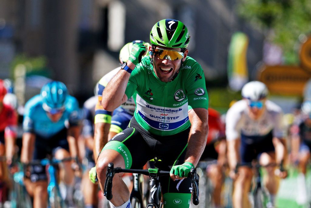 CARCASSONNE FRANCE JULY 09 Mark Cavendish of The United Kingdom and Team Deceuninck QuickStep Green Points Jersey celebrates at arrival during the 108th Tour de France 2021 Stage 13 a 2199km stage from Nmes to Carcassonne LeTour TDF2021 on July 09 2021 in Carcassonne France Photo by Chris GraythenGetty Images