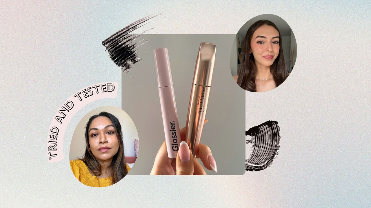 Hand holding Glossier Lash Slick and Sculpted By Aimee My Mascara, two circular pics of Aleesha Badkar and Sennen Prickett, mascara swatches and tried and tested banner, on a pastel watercolour background