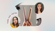 Hand holding Glossier Lash Slick and Sculpted By Aimee My Mascara, two circular pics of Aleesha Badkar and Sennen Prickett, mascara swatches and tried and tested banner, on a pastel watercolour background