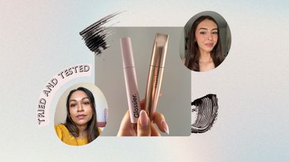 Hand holding Glossier Lash Slick and Sculpted By Aimee My Mascara, two circular pics of Aleesha Badkar and Sennen Prickett, mascara swatches and tried and tested banner, on a pastel watercolour background