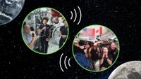 inset images of the Artemis 2 crew and ISS crew involved in the long distance phone call. There is a graphic of the moon in lower right corner and earth in upper left corner. 