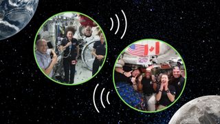 inset images of the Artemis 2 crew and ISS crew involved in the long distance phone call. There is a graphic of the moon in lower right corner and earth in upper left corner.