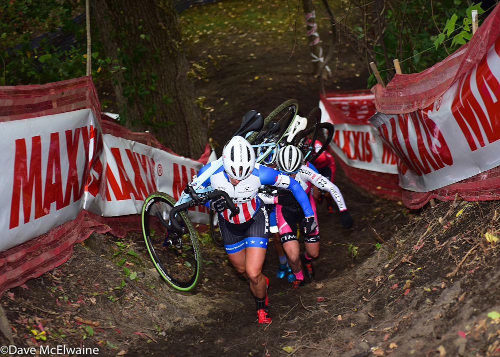 Katie Compton (Trek Factory Racing) leading at a newly installed run-up on lap two