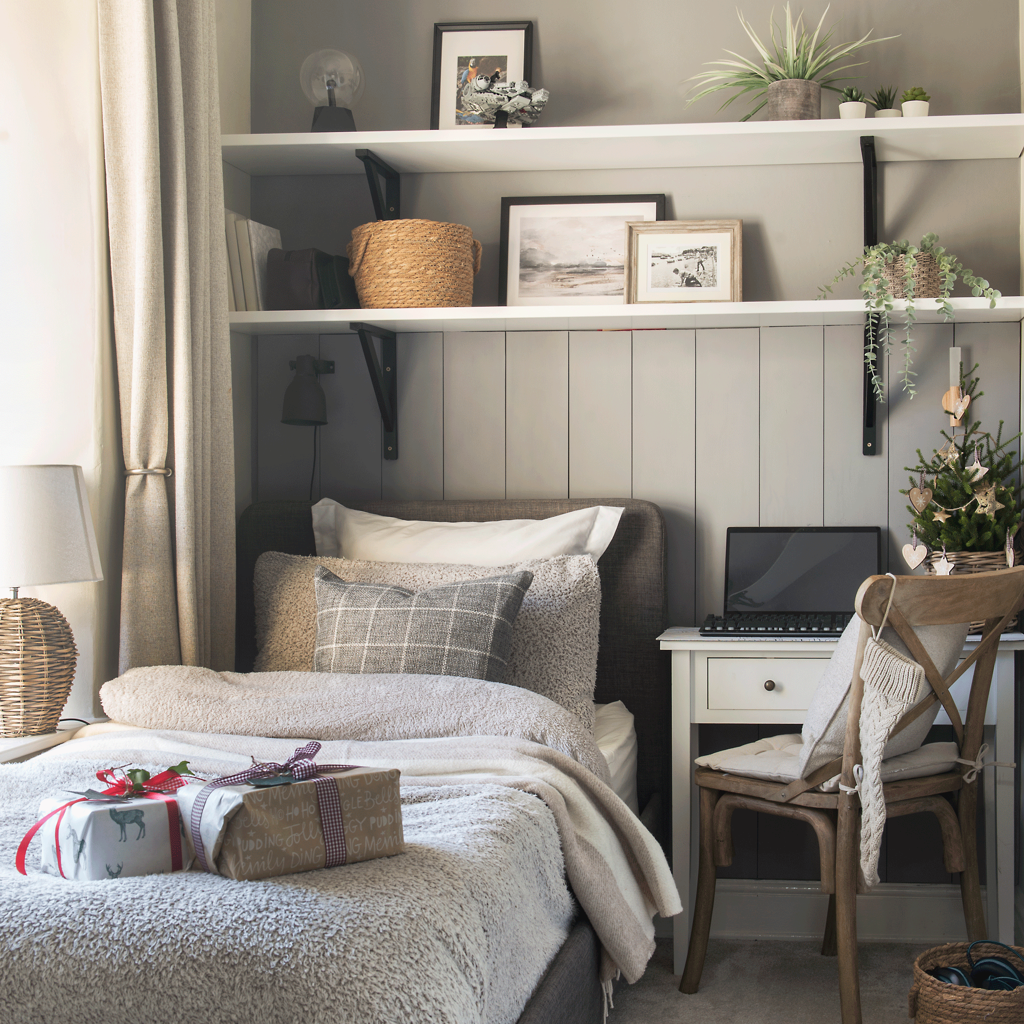 a neutral teen bedroom with panelled walls and open shelving