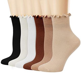 Mcool Mary Damen-Rüschensocken, lässige süße Söckchen, niedrig geschnittene gestrickte Socken aus Salat-Baumwolle, Schnürsocken für Damen, 6er-Pack