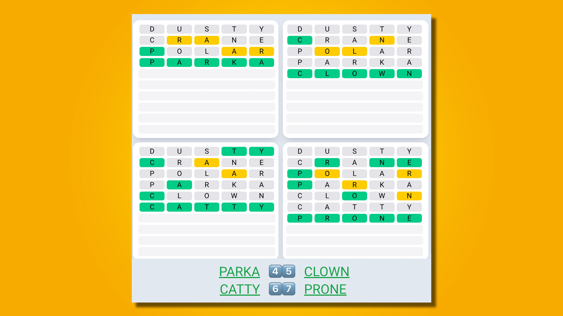 Quordle Daily Sequence answers for game 526 on a yellow background