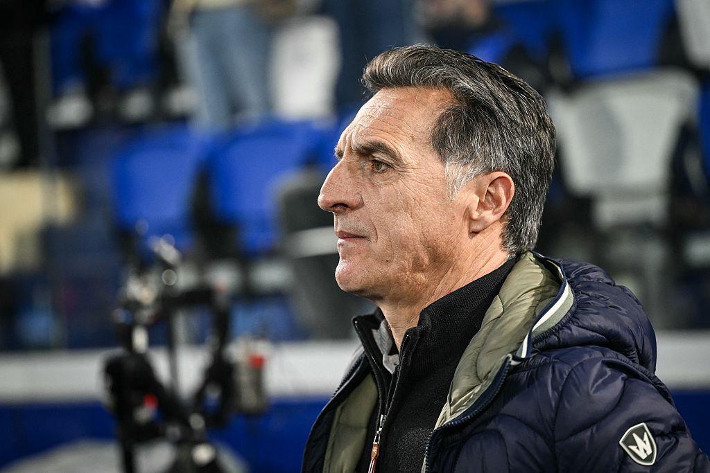 Auxerre's French head coach Christophe Pelissier looks on during the French L1 football match between AJ Auxerre and Olympique Lyonnais at the Abbe Deschamps stadium in Auxerre, Burgundy, on April 13, 2025.