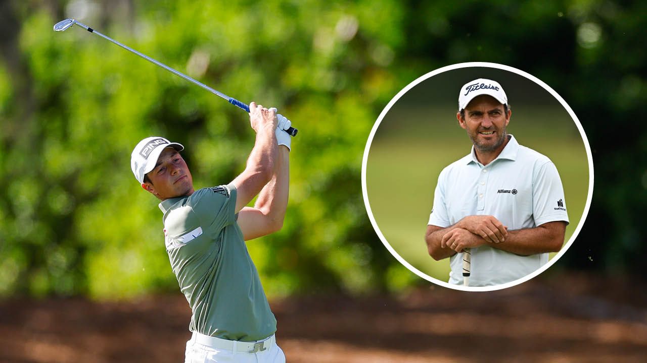 Viktor Hovland after hitting an iron shot and Edoardo Molinari (inset image)