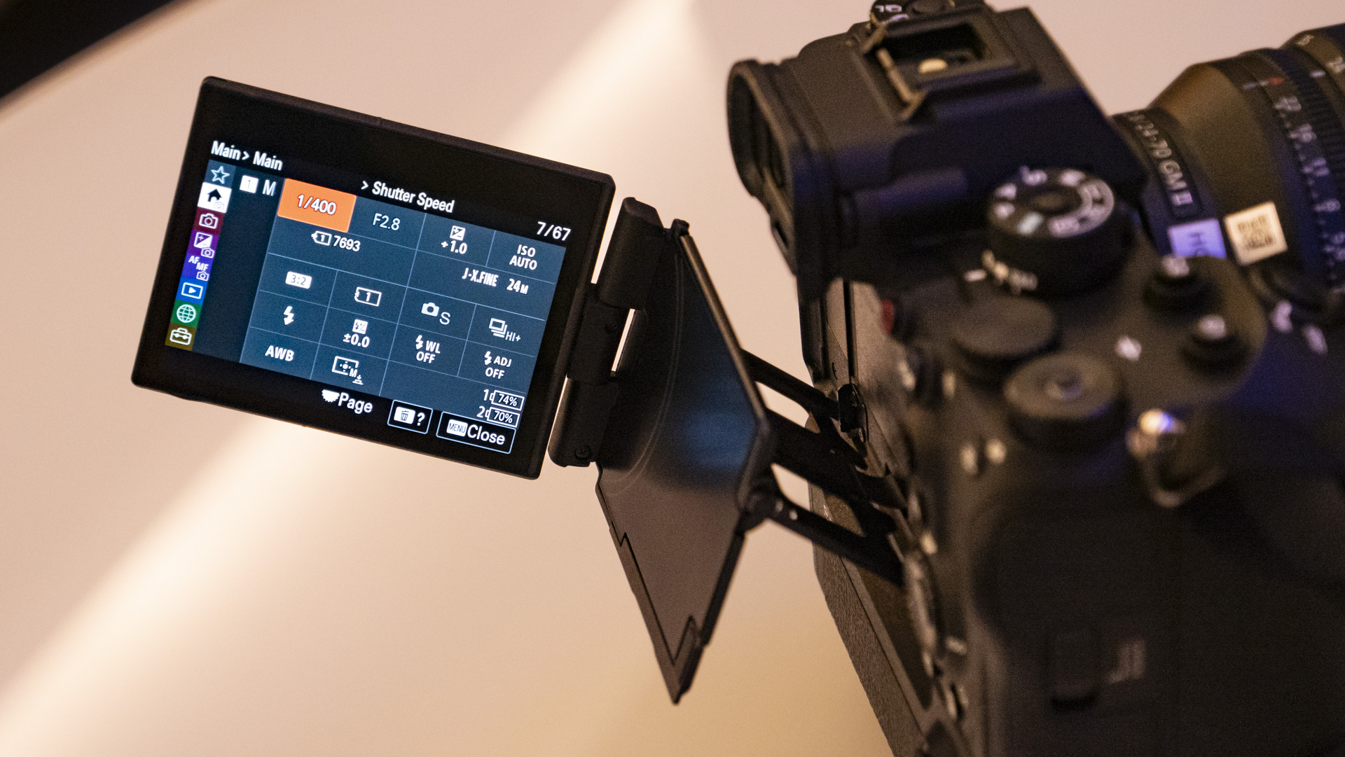 Vari-angle screen of the Sony A9 III pulled out and turned around