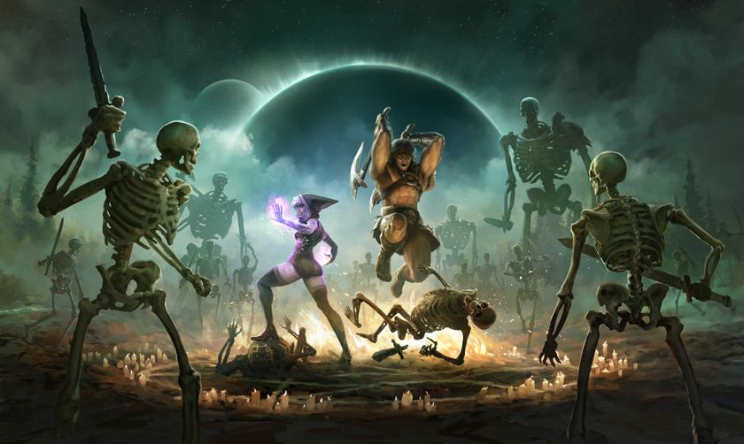 A spellcaster and muscular barbarian face down against an army of skeletons.