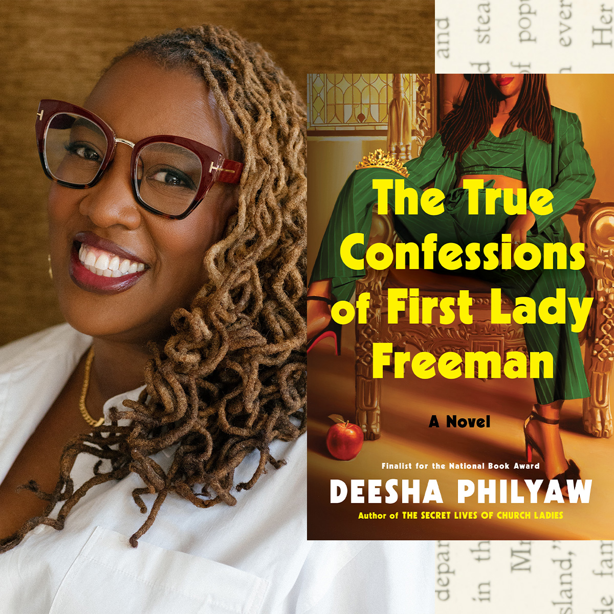 A split image of author Deesha Philyaw's portrait, next to the cover art for her novel 'The True Confessions of First Lady Freeman'