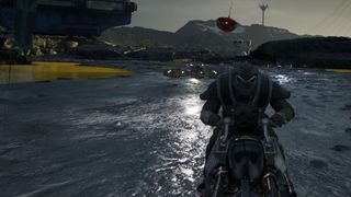 A speeder bike pilot leads a pack of racers on a gloomy world with yellow rivers