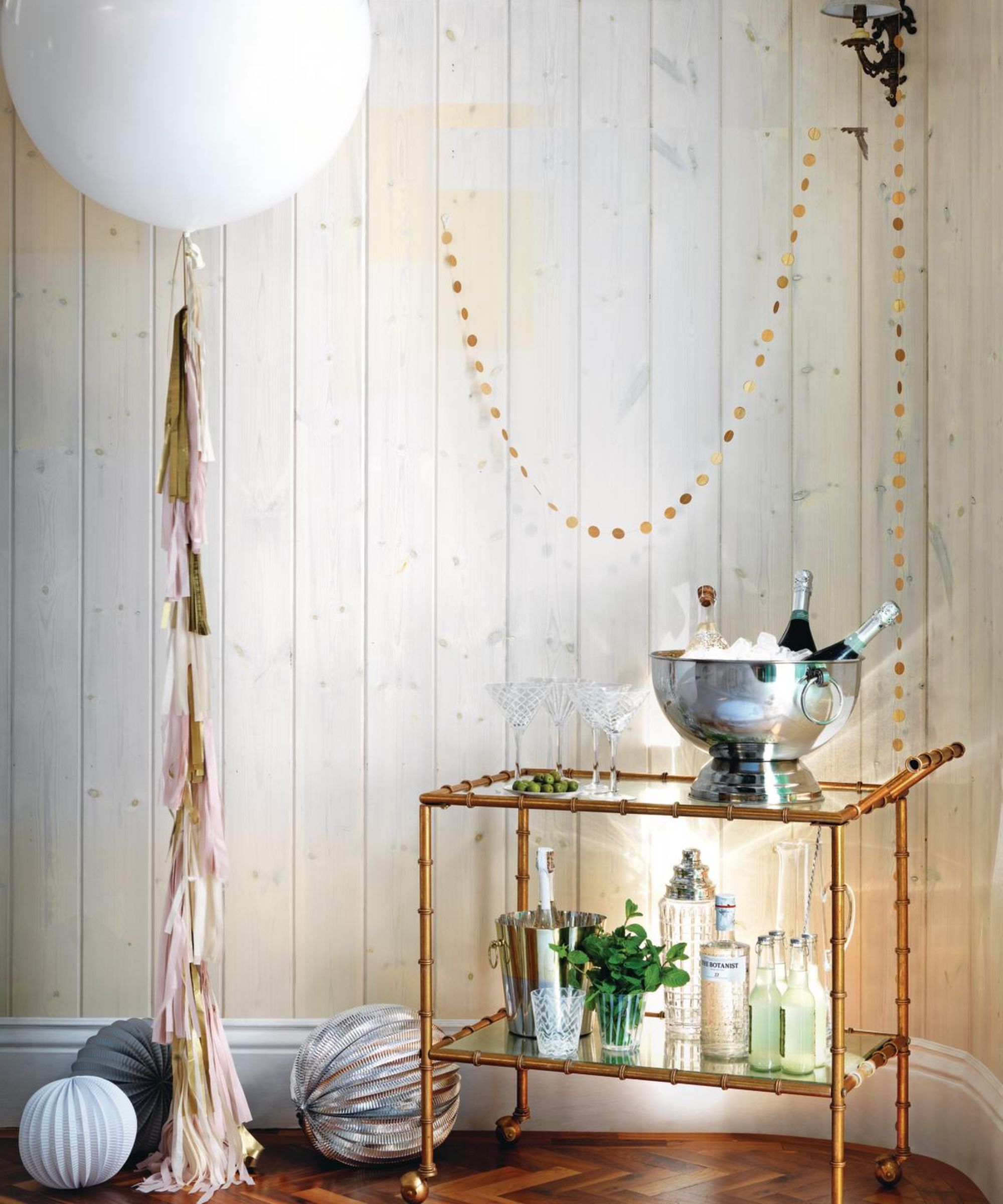 Festive bar cart with ice bucket